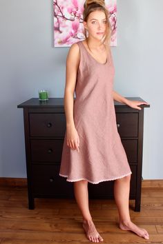 "Nightgown GRETA. Absolutely lovely, luxurious nightdress from pure softened linen fabric. Bias cut for a flattering, body sweeping sleeveless fit with a round neckline, knee-length for ease of movement, a bottom of the nightgown is finished with laces. Providing cool comfort for hot summer nights and warmth for cold winters, you can get all the comfort and ease you need while sleeping.Since this night dress is easy wash and dry, it's highly recommendable for daily use. Length from shoulder seem Sleeveless Spring Dress For Relaxation, Sleeveless Spring Dress For Casual Wear, Linen Sleeveless Dress For Loungewear, Cotton Sleeveless Relaxation Dresses, Linen Sleeveless Loungewear Dress, Cotton Sleeveless Dress For Relaxation, Sleeveless Cotton Dresses For Relaxation, Sleeveless Linen Dress For Loungewear, Sleeveless Linen Loungewear Dress