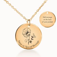 Celebrate a April birthday or create a meaningful gift with our Sweet Pea Birth Flower Pendant Necklace. Crafted with care in the United States, this made-to-order necklace allows you to personalize the pendant with a name, date, or special message, turning it into a timeless keepsake. Each pendant features a laser-etched aster flower design, symbolizing growth, resilience, and connection to nature. Available in gold, rose gold, or silver stainless steel, this hypoallergenic necklace is made to Anniversary Flower Charm Necklace With Round Pendant, Elegant Customizable Flower Necklace, Elegant Customizable Flower Shaped Necklace, Personalized Birth Flower Necklace Gift, Mother's Day Birth Flower Necklace Personalized Gift, Flower Charm Necklace For Mother's Day Birthday, Birthday Flower Necklace With Birth Flower Detail, Personalized Round Flower Charm Necklace, Birthday Flower Charm Necklace