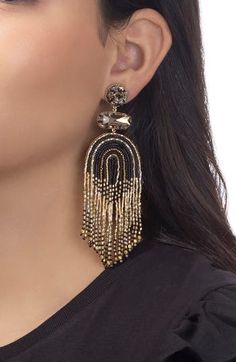 Faceted crystals and colorful beads enliven these fringey drop earrings that move with you. 4 1/2" drop; 1 1/2" width Glass/textile/silvertone plate Imported Deepa Gurnani, Beaded Drop Earrings, Earring Crafts, Faceted Crystal, Girls Best Friend, Silver Tone, Gold Tones, Nordstrom, Drop Earrings