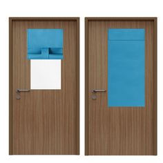 two wooden doors with blue paper on them