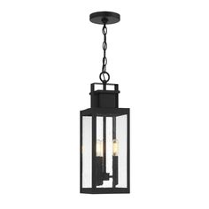 an outdoor hanging light fixture with three lights on the front and back end, in black