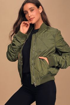 Cute Olive Green Bomber - Quilted Bomber Jacket - Green Jacket - Lulus Olive Green Jacket, Long Sleeves Jacket, Green Jacket, Quilted Jacket, Jacket Style, Jacket Outfits, Olive Green, Bomber Jacket, Jackets For Women