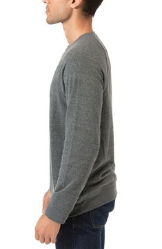 Opt for a classic with a sustainable perk like this brushed raglan-sleeve pullover knit from a blend of recycled fibers and organic cotton. It's supersoft and naturally sweat-wicking, so you stay comfortable all day. 28 1/2" length Crewneck Banded cuffs and hem 50% recycled polyester, 37% organic cotton, 13% rayon Machine wash, tumble dry Imported Men's Clothing Gray Crew Neck Knit Sweatshirt, Gray Knit Crew Neck Sweatshirt, Heather Grey Ribbed Cuffs Sweater, Cozy Heather Grey Crew Neck Sweater, Cozy Raglan Sleeve Sweater With Relaxed Fit, Cozy Sweater With Relaxed Fit And Raglan Sleeve, Heather Crew Neck Sweatshirt With Ribbed Cuffs, Relaxed Fit Sweater With Ribbed Cuffs And Raglan Sleeves, Snug Cotton Sweater With Long Sleeves