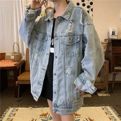 Vintage Ripped Plus Size Women Denim Jacket – 4Colordress Plus Size Denim Jacket, Pu Leather Skirt, Oversized Jean Jacket, Oversized Jeans, Plus Size Denim, Women Outerwear, Streetwear Clothes, Long Skirts For Women, Distressed Denim Jacket