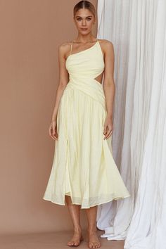 Destination Open Back Midi Dress Lemon by Selfie Leslie Open Back Midi Dress, Tan Mules, Yellow Bridesmaids, Bridal Shower Dress, Blue Bridesmaids, Date Night Dresses, Clothing Tags, Dress Satin, Mini Dress Casual