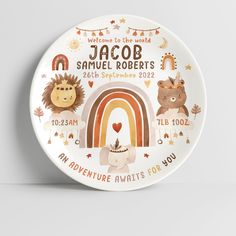 a personalized plate with animals and rainbows on the front, including a name that says jalob samuel roberts