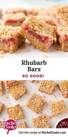 rhubarb bars are stacked on top of each other and ready to be eaten