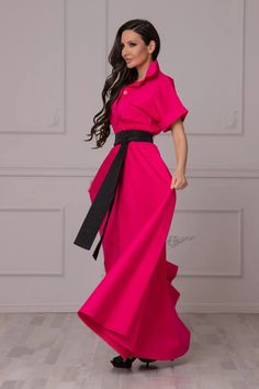 Fuschia Pink Modest Dress for Summer Extra Long Dress With | Etsy Spring Party Belted Dress With Short Sleeve, Elegant Short Sleeve Belted Party Dress, Belted Short Sleeve Party Dress, Party Dresses With Belt And Short Sleeves, Spring Belted Floor-length Maxi Dress, Chic Short Sleeve Maxi Dress With Tie Waist, Spring Short Sleeve Belted Maxi Dress, Elegant Pink Belted Maxi Dress, Belted Short Sleeve Maxi Dress For Spring