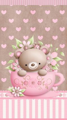 a teddy bear is sitting in a teacup with flowers and hearts on the wall