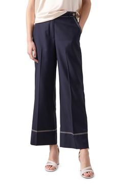 Contrast stitching lends distinctive style to these sophisticated pants perfected by graceful straight legs. Zip fly with side button-tab closure Front slant pockets; back button-flap pocket 69% polyester, 31% viscose Machine wash, line dry Imported Navy Bottoms With Relaxed Fit And Side Pockets, Navy Straight Leg Pants With Belt Loops, Non-stretch Ankle-length Pants With Buttons, Navy Relaxed Fit Bottoms With Side Pockets, Stretch Ankle-length Pants With Button Closure, Lk Bennett, Ankle Pants, Baby Gift Sets, Contrast Stitch