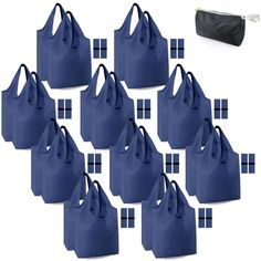 six blue bags with black handles are shown in front of a white background and an image of the same bag