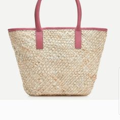 J.Crew Natural Woven Beach Tote With Pink Handle Bag Nwt Woven With 100% Corn Husk Lining Is 100% Cotton Straps Are Pink Faux Leather About 13" X 9.5" X 3", Small But Not Too Tiny Pink Beach Bag With Adjustable Strap For Travel, Pink Bucket Bag With Double Braided Handles, Pink Double Handle Bucket Bag With Braided Handles, Pink Bucket Bag With Braided Handles For Shopping, Pink Bucket Bag With Braided Double Handles, Pink Tote Shoulder Bag With Braided Handles, Trendy Pink Beach Bag For Daily Use, Chic Pink Beach Bag For Daily Use, Trendy Pink Beach Bag For Shopping