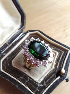 Absolutely Stunning, 18k Yellow Gold, Approximately 2ct VS GH Diamonds, Huge Green Tourmaline Approximately 16mm x 12mm... ring... Just WOW.. PRICE REDUCED Colombian Emeralds, Vs Diamond, Emerald Engagement, Sapphire Necklace, Emerald Engagement Ring, Green Tourmaline, Rose Cut Diamond, Unique Engagement Rings, Cocktail Ring