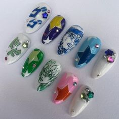 @a4ngelnails on Instagram Jjba Nail Design, Jolyne Kujo Nails, Jojo Nails Art Designs, Jojo Inspired Nails, Jojo's Bizarre Adventure Nails, Evangelion Nails, Jojo Part 1, Jjba Nails, One Piece Nails