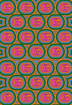 an abstract pattern with colorful circles and letters on orange, pink, blue, green and red colors