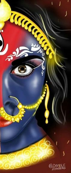 an artistic painting of a woman's face painted in blue, red and yellow