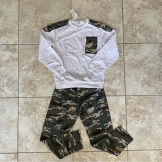 Nwt! Boys Ccaogvel Camo Outfit That Includes Long Sleeve Top And Sweatpants Chinese Sizing (160) American Sizing (Xs) * Sizing Is For Both Top And Bottom White Pants With Side Pockets For Fall, White Bottoms With Side Pockets For Fall, Fall White Bottoms With Side Pockets, White Pants For Streetwear In Fall, Sporty White Pants For Fall, White Pants With Side Pockets For Winter, White Winter Pants With Side Pockets, Winter White Pants With Side Pockets, Top And Sweatpants