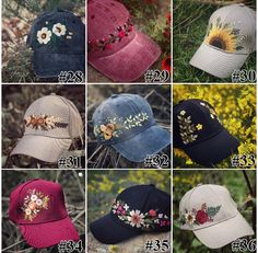 many different hats with flowers on them are shown in multiple pictures, one is blue and the other has red