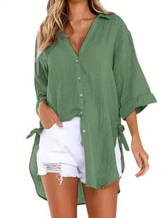 Solid Color V Neck Blouse, Casual Half Sleeve Blouse For Spring & Summer, Women's Clothing Green Relaxed Fit Blouse For Beach, Green Button-up Blouse For Beach, Relaxed Fit Green Blouse For Beach, Solid Color Button-up Beach Blouse, Solid Color V-neck Shirt For Beach, Solid Color Summer Blouse For Beach, Beach Button-up Solid Color Blouse, Long Sleeve Blouse For Beach, Solid Color Summer Beach Blouse