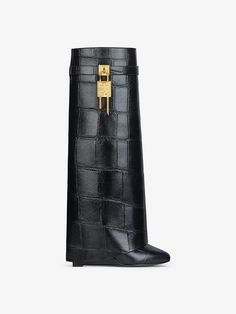 Shark Lock boots in crocodile effect leather in - black | Givenchy US Shark Lock Boots Outfit, Givenchy Shark Boots, Shark Lock Boots, Lock Boots, Crocodile Fashion, Chloe 2024, Shark Boots, Givenchy Shark, Almond Toe Boots