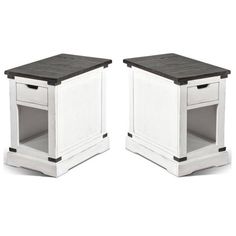 two white wooden tables with black top