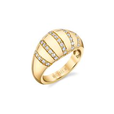 A throwback design brought current with contemporary details. The ORB Stripe Button Studs are at the same time intricate and effortless. Perfectly set rows of tiny pavé diamonds line the softly rounded golden surface. A must have for the fashion forward MM fan! SKU #F532 11mm wide five row pavé domed signet ring 37pcs 1.5mm G/H SI1 round pavé set diamonds 0.56ctw available in half sizes 4-8, anything outside of this is a special order 14k yellow or white gold Gold Hex, Button Studs, The Orb, Womens Wedding Bands, Three Stone Rings, Cartier Love Bracelet, Cuff Earrings, High Jewelry, Mens Wedding Bands