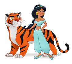 an animated image of a woman and a tiger standing next to each other on a white background