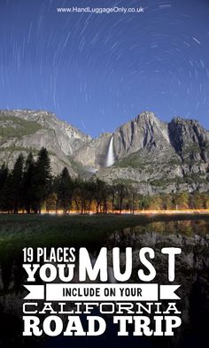 an advertisement for the california road trip with mountains and stars in the sky above it