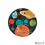 a paper plate with an image of the solar system and its planets on black background