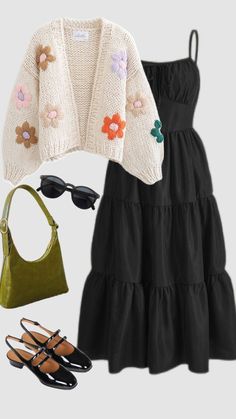 Elevate your fashion game with this stunning black tiered dress paired perfectly with a cozy hand-knitted floral cardigan. This look combines timeless elegance with a touch of playful charm, making it ideal for casual outings, brunches, or even a relaxed evening date.  Complete the look with a green shoulder bag, classic black sunglasses, and vintage-inspired Mary Jane shoes. Green Shoulder Bag Outfit, Black Shoulder Bag Outfit, Chruch Outfits, Mary Jane Outfit, Outfit Ideas Modest, Modest Girly Outfits, Black Tiered Dress, Anniversary Outfit, Stylish Outfits Casual