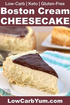 a slice of boston cream cheesecake on a white plate