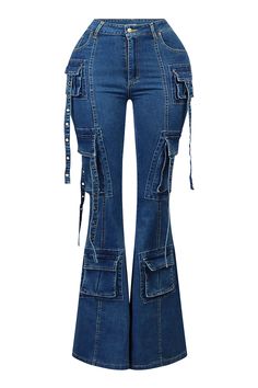 High waist denim jeans featuring side cargo pockets Flare hem fit Inseam 34"(S) Fly button and zipper closure Runs small Night Out Tops, Casual Day Dresses, Wedding Dresses Strapless, Denim Details, Strapless Tops, Maxi Dress Party, High Waisted Denim, New Tops, Cardigan Coat