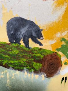 a painting of a bear on top of a log