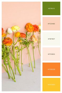 the color palette is peach, green, yellow and white with some flowers in it