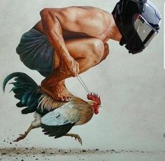 a painting of a man riding a rooster with a motorcycle helmet on it's head