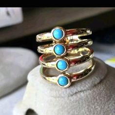 Hard To Find Piece, Retired Item ... Beautiful 14k Yellow Gold 4 Band Style Ring On Resin With Turquoise Stones.... It's Really Is A Comfortable Ring On.. Lightweight.. "It's 14kt Yellow Gold Over Resin, Has A Redin Core..So It's Not Hollow..Resin Keeps It From Getting Dents Like A Hollow Ring Would Get " Width..Look At Pic For Size In Mm And Inches.... It's A Size 10 To 11 -Look How It Sits On The Ring Sizer- Cause Its Puffy Style It Might Fit Different.. Stamped 14k-Fp-China.. Weight In Grams..Look At Pic... Has Marks On The Bank Part Of The Band, The Top Looks Great.. Retail $699 Tags: Electroform Ross Simons Andiamo Simmons Silicone Stefano Oro Qvc Hsn Shoplc Qvc Jewelry, Hollow Ring, Long Ring, Kay Jewelers, Wide Band Rings, Ring Color, Turquoise Stones, Ring Sizer, Wide Bands