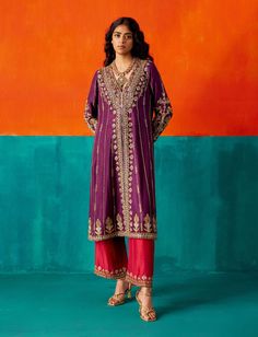 Make a bold statement in this strong purple kurta set, featuring exquisite floral embroidery highlighted with various embellishments. The set is paired effortlessly with complementing pants and an embroidered cardinal dupatta, creating a powerful ensemble that exudes elegance and sophistication. Dark Green Lehenga, Marriage Suits, Purple Anarkali, Velvet Suit Design, Embroidered Anarkali, Green Lehenga, Embroidered Dupatta, Dupion Silk, Sharara Set