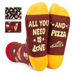 PIZZA SOCKSThese unisex food socks feature pizzas, beer, mushroom at the top. At the bottom, there is a funny saying "ALL YOU NEED IS LOVE AND PIZZA".SIZE & PACKAGEOur unisex design fits most men's US size 6-13 feet and most women's US size 7 and up. Each exclusive gift box contains one pair of funny socks.QUALITY MATERIALOur novelty socks are made of 80% cotton, 15% polyamide, and 5% elastane to ensure they are soft, comfortable, stretchy, and breathable. They won't fade and are machine washabl Funny Letter Print Socks Gift, Funny Letter Print Socks As Gift, Monkey Food, Pizza Socks, Wine And Pizza, Food Socks, Pizza Gifts, Socks Gifts, Christmas Wedding Gifts