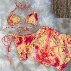 Adorable Bright Bikini Set ! Retro Red Triangle Top Swimwear, Retro Yellow Swimwear For Sunbathing, Fun Yellow Swimwear For Pool, Vibrant Yellow Swimwear For Beach Season, Vibrant Yellow Swimwear For Sunbathing, Yellow Summer Party Swimwear, Yellow Party Swimwear For Beach Season, Trendy Yellow Swimwear For Beach Party, Vibrant Red Swimwear For Beach Party