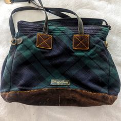 Used Tartan Blue And Dark Green Plaid Purse With Red Inside. This Bag Is Used But With A Little Tlc Could Look Brand New Preppy Green Travel Bag, Preppy Green Bag For Everyday Use, Casual Plaid Travel Bag, Preppy Satchel Bag For Everyday Use, Preppy Satchel Shoulder Bag For Travel, Plaid Bags With Adjustable Strap, Plaid Bags With Adjustable Strap For Everyday Use, Everyday Plaid Bag With Adjustable Strap, Casual Plaid Bags For Daily Use