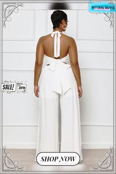 Halter Neck Backless Lace Up Wide Leg Jumpsuits Chic White Strapless Jumpsuit For Summer, Chic White Strapless Jumpsuit For The Beach, Elegant Strapless Jumpsuit For Beach, Elegant Strapless One-piece Jumpsuit For Summer, Elegant High Waist Strapless Jumpsuit For Summer, Elegant Sleeveless Strapless Jumpsuit For Beach, Backless Solid Color Jumpsuits And Rompers For Spring, Summer Strapless Backless Jumpsuit For Party, Elegant Solid Strapless Jumpsuit For Beach