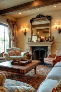 a living room filled with furniture and a fire place in front of a mirror on the wall