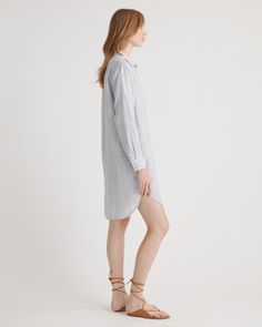 An easy, timeless classic. This shirt dress should be a staple in any wardrobe. Made from 100% European linen and designed to be versatile, with elegant buttons down the front, and two pockets at the waist.  | Quince | Women's 100% European Linen Shirt Dress in Blue Pinstripe, Size XL, Organic Linen Casual Dress With Button Cuffs And Spread Collar, Classic Collared Shirt Dress With Button Cuffs, Elegant Shirt Dress With Roll-up Sleeves For Daywear, Casual Linen Dress With Button Cuffs, Chic Linen Button-up Dress, Casual Linen Dress With Button Cuffs For Spring, Classic Fall Button-up Shirt Dress, Collared Shirt Dress With Buttoned Pockets For Work, Classic Shirt Dress With Rolled Sleeves For Daywear