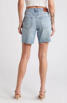 A faded wash and raw-edge hems add laid-back appeal and authenticity to the these easygoing Bermuda shorts cut from nonstretch denim. 11" inseam; 10 1/2" front rise Zip fly with button closure Five-pocket style 100% cotton Machine wash, tumble dry Imported Medium Wash Cutoff Jeans With Frayed Hem, Cutoff Jeans With Frayed Hem In Medium Wash, Ripped Straight Leg Denim Blue Jean Shorts, Washed Blue Cutoff Rigid Denim Jeans, Mid-rise Stonewashed Denim Bottoms, High Rise Acid Wash Jeans With Frayed Hem, High-rise Acid Wash Jeans With Frayed Hem, Cutoff Jeans With Frayed Hem, Faded Cutoff Jeans With Five Pockets