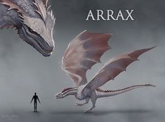 a man standing next to a dragon on top of a gray background with the words arrax written above it