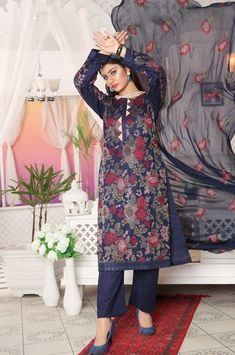 ➤ Navy color chikankari embroidery kameez on lawn fabric with plain cotton trousers and chiffon embroidered dupatta | Length – hirt Length 42 inches, knee-length; Trouser 37.5 inches with Soft Elastic Belt; Dupatta length 2.13 m Width 0.99 m ➤ ➤ ➤ ➤ 🌸 Fabric Details - Cotton Lawn Kameez/Salwar, Chiffon Dupatta 🌸 Craft and Decorations - Full panel chikankari embroidery and laces 🌸 Care - Hand Wash. 🌸 Length & Style - Top ~ 41 - 42 " A-Line/ kurta style, bottom trousers style, with embroidered Embroidery Kameez, Pakistani Dresses For Women, Party Wear Pakistani, Ramadan Party, Indian Dresses For Women, Chikankari Embroidery, Kurta Style, A Line Kurta, Pakistani Salwar Kameez