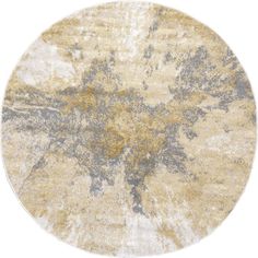 a round rug with an abstract design in yellow, grey and white colors on it