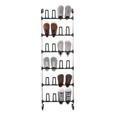 an over the door shoe rack with several pairs of shoes on it