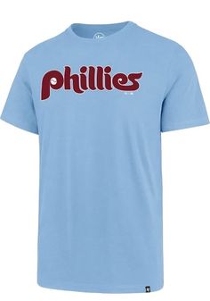 a blue t - shirt with the word philies on it in red and black