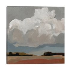 an abstract painting of clouds in the sky over a desert landscape with brown grass and trees